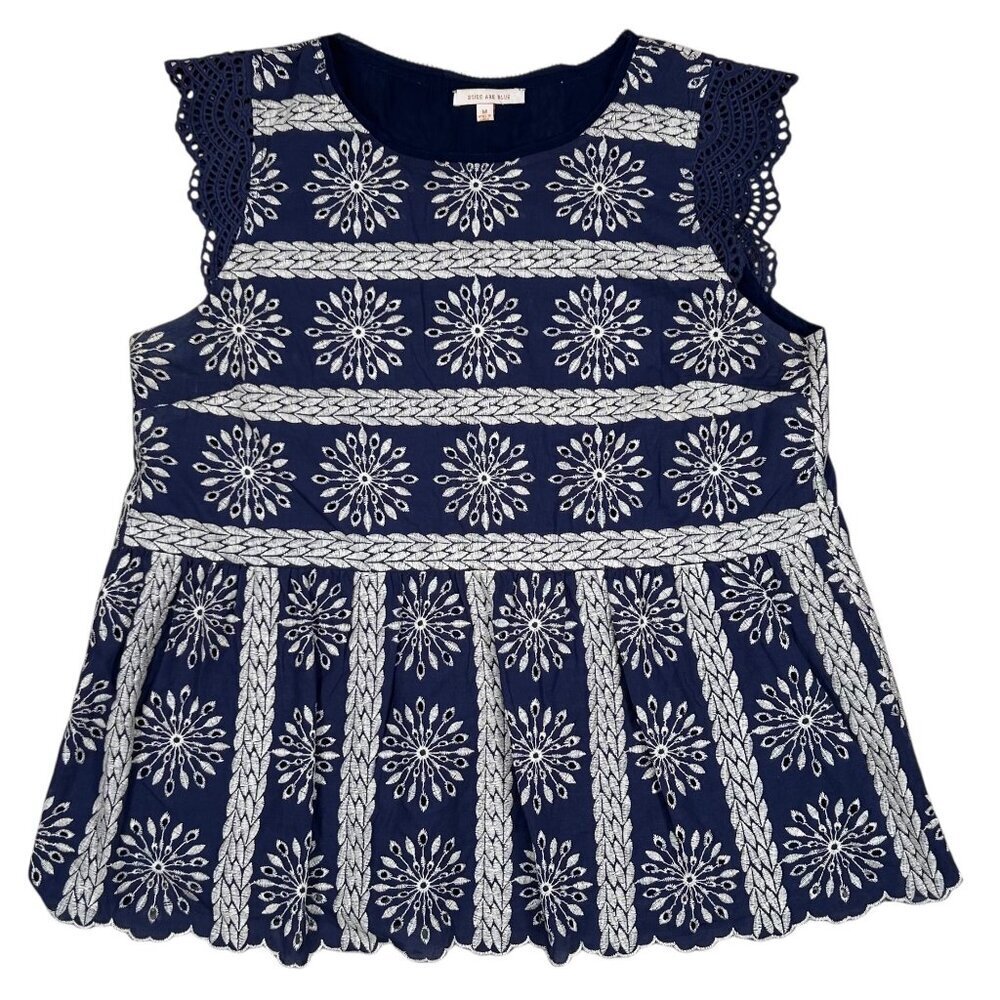 Skies Are Blue Medium Embroidered Eyelet Floral Ruffle Babydoll Top Blue Party O